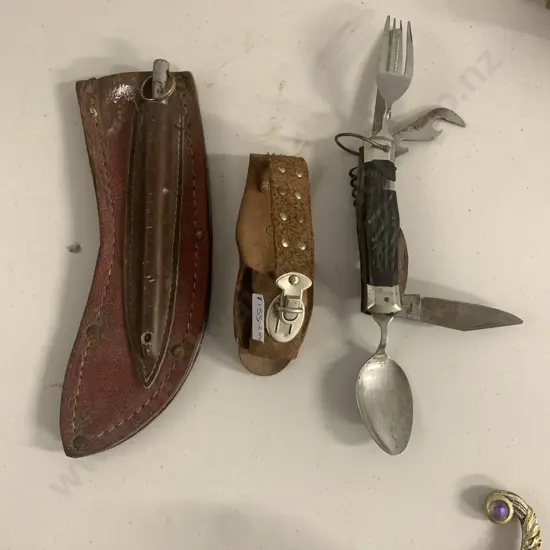 Vintage Japanese made Stainless Steel Utility Knife in leather holder with Bonus Leather Dagger Sheath with steel pin