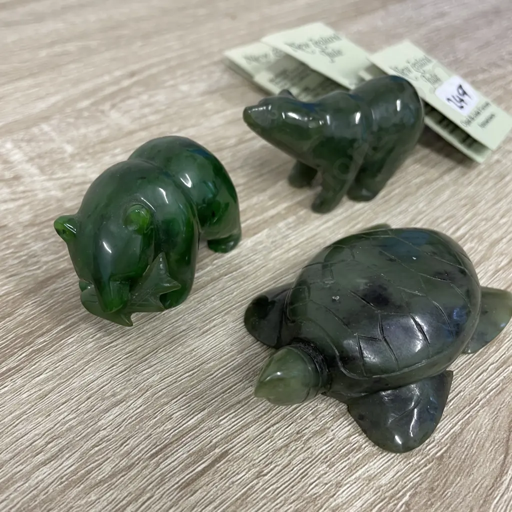 NZ Jade Ornaments x 3. Bear, Turtle & Bear with fish Image 1++