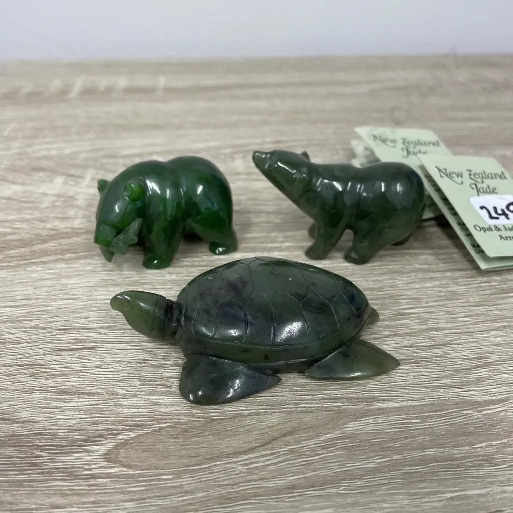 NZ Jade Ornaments x 3. Bear, Turtle & Bear with fish Image 1++