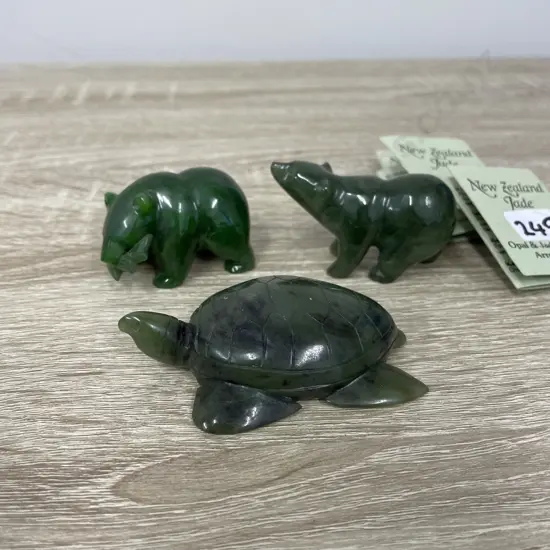 NZ Jade Ornaments x 3. Bear, Turtle & Bear with fish