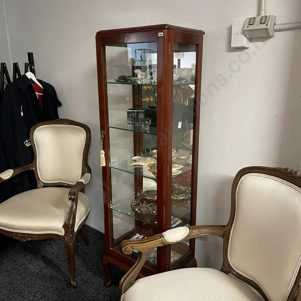 Vintage Solid Mahogany Slender Shaped Display Cabinet. Mirror back, 4 internal glass shelves. H153 W46 D34cm Image 1++