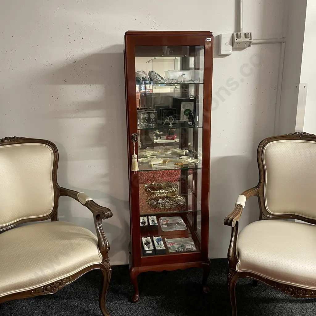 Vintage Solid Mahogany Slender Shaped Display Cabinet. Mirror back, 4 internal glass shelves. H153 W46 D34cm Image 1++