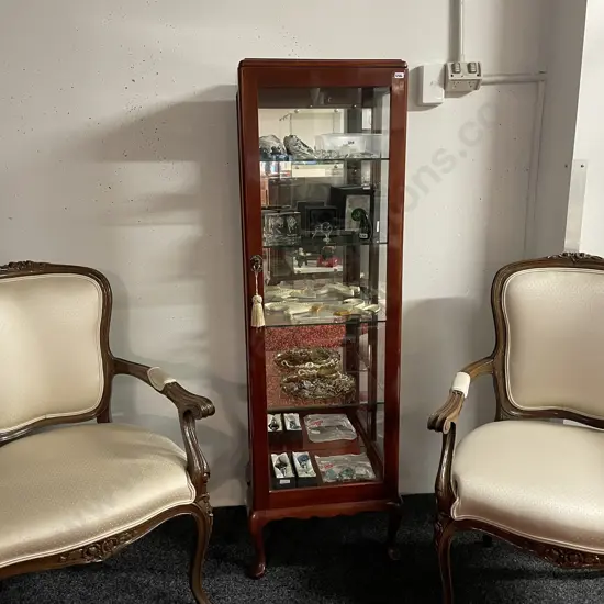 Vintage Solid Mahogany Slender Shaped Display Cabinet. Mirror back, 4 internal glass shelves. H153 W46 D34cm