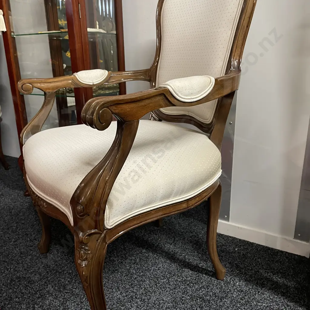 Pair French Louis Style Arm Chairs. Cream Satin patterned fabric with double piped trim Image 1++