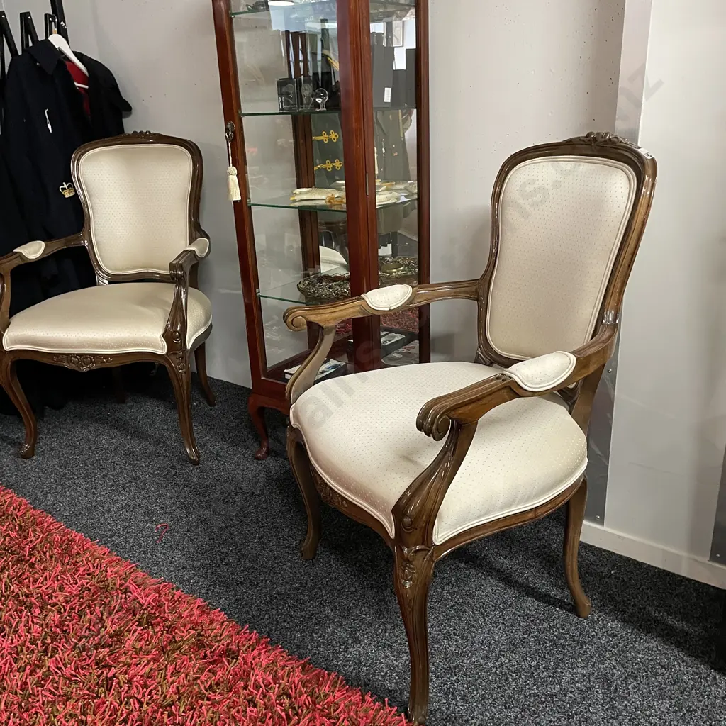 Pair French Louis Style Arm Chairs. Cream Satin patterned fabric with double piped trim Image 1++