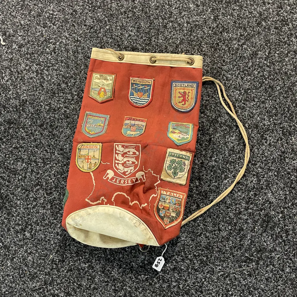 Vintage Red Canvas Jersey Duffle Bag with applied country shields Image 1++