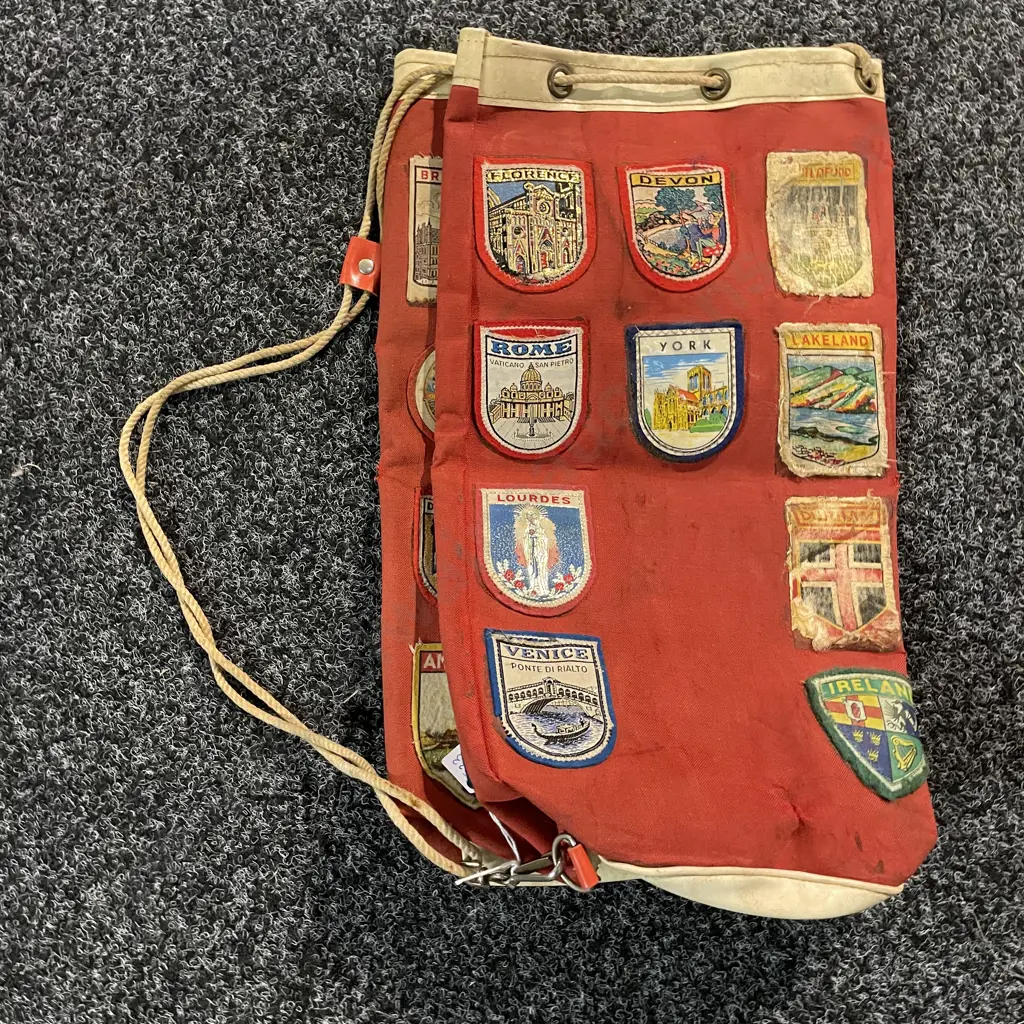 Vintage Red Canvas Jersey Duffle Bag with applied country shields Image 1++