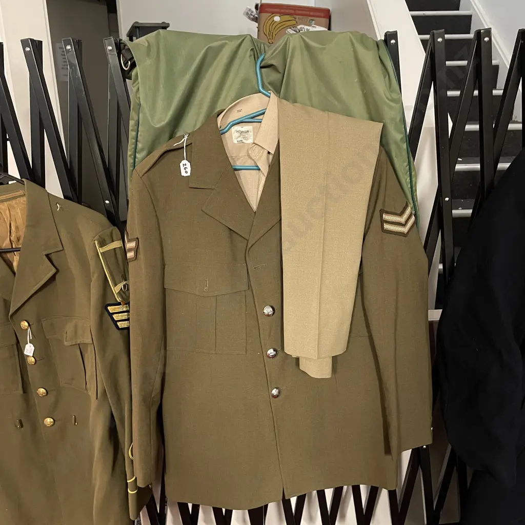 Vintage South African Army Green Jacket with shirt and pants. Silver "Springbok" buttons. Comes with suit bag Image 1++