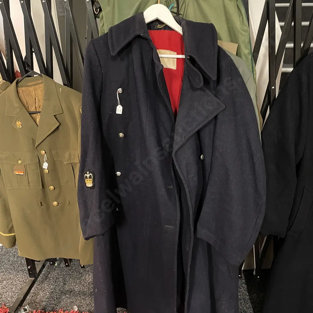 Vintage Roslyn NZ Made Military Navy Wool Long Coat. Silver crown buttons and applied patches Image 1++