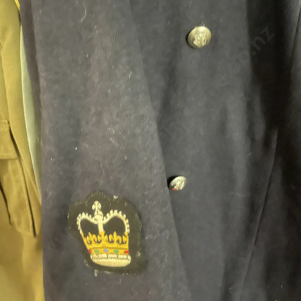 Vintage Roslyn NZ Made Military Navy Wool Long Coat. Silver crown buttons and applied patches Image 1++