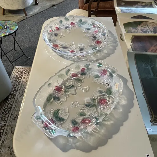 Two Large Vintage Platters with moulded and coloured rose decoration