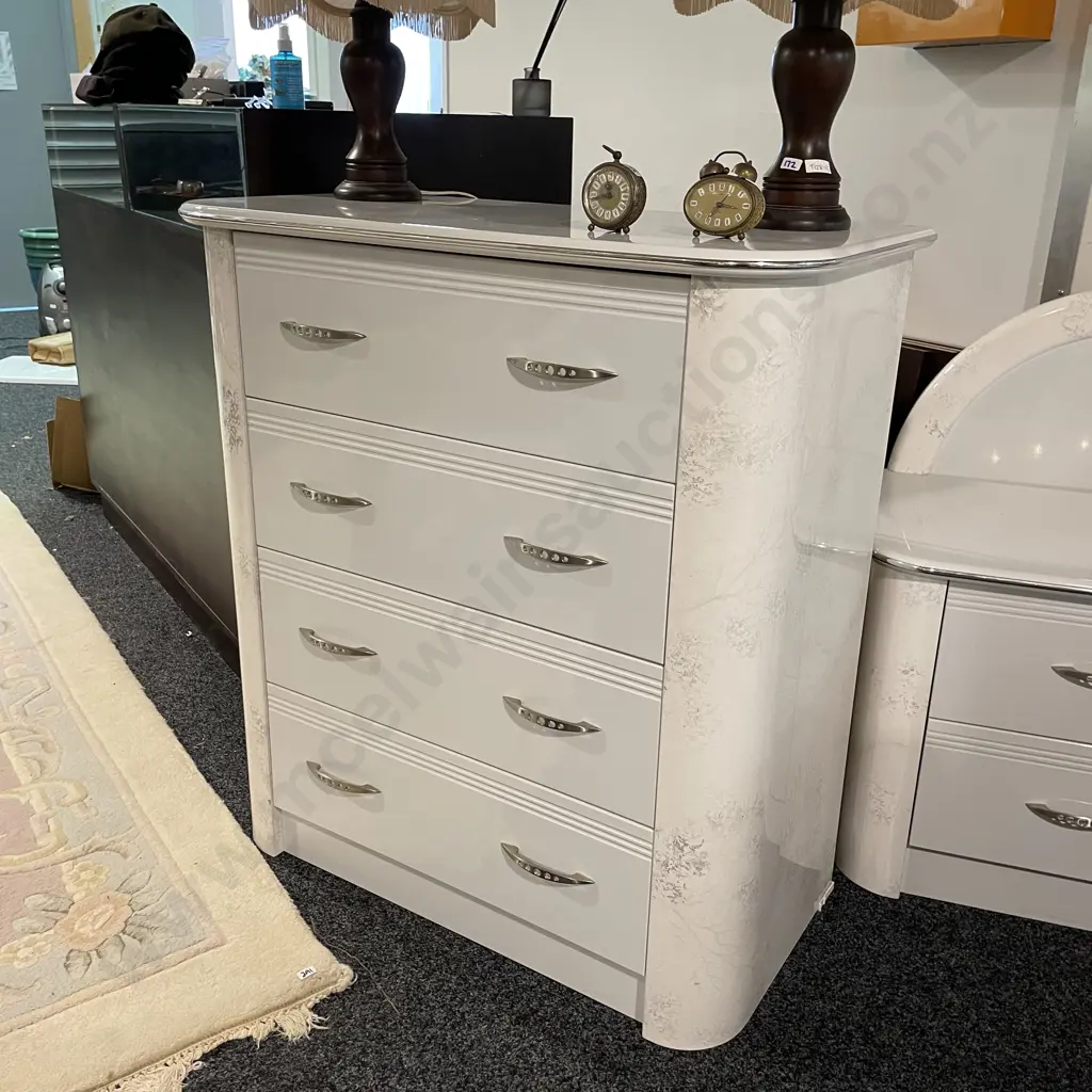 Harvey Norman White Marble Effect 4 Drawer Tall Boy. H98 W91 D46cm. Modernist Chrome Handles and Trim Image 1++