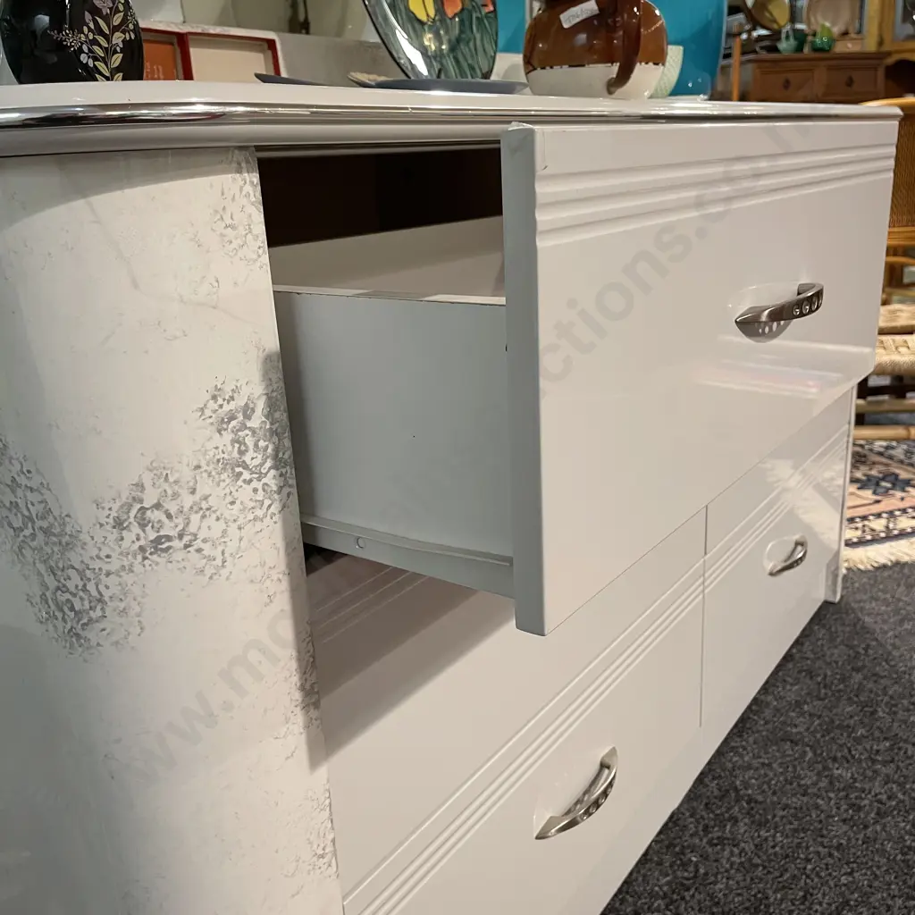 Harvey Norman White Marble Effect 6 Drawer Dressing Table with Arched Mirror. Unit H77 W143 D45cm. Mirror H110cm Image 1++