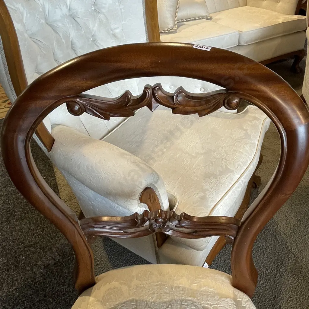 Vintage Solid Wood Ballon Back Chair. Cream floral patterned fabric Image 1++
