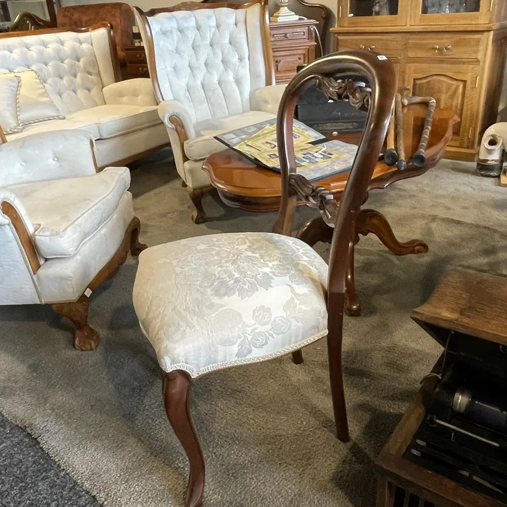 Vintage Solid Wood Ballon Back Chair. Cream floral patterned fabric Image 1++