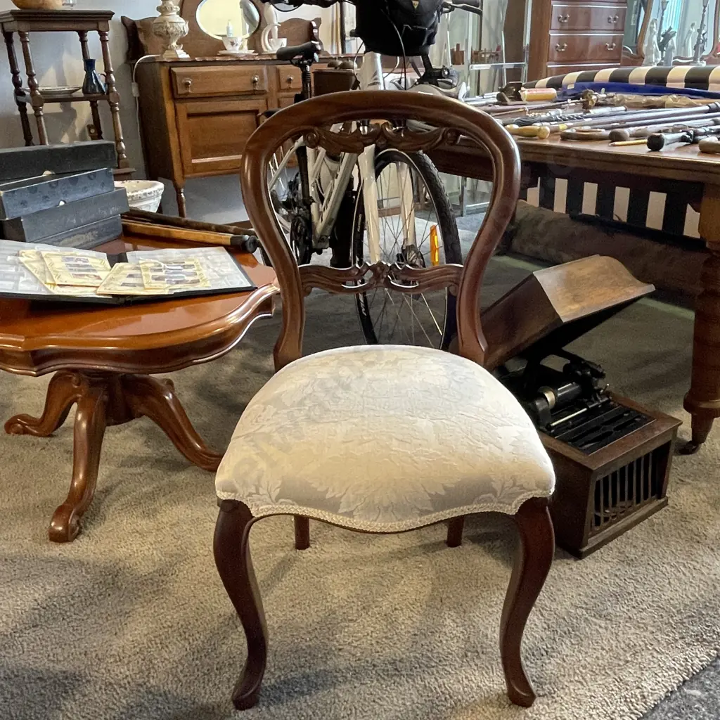 Vintage Solid Wood Ballon Back Chair. Cream floral patterned fabric Image 1++