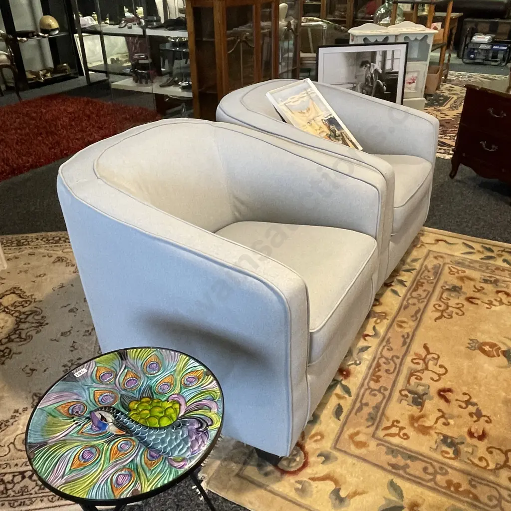 Pair of Modernist Tub Chairs. Pale blue fabric. Excellent condition Image 1++