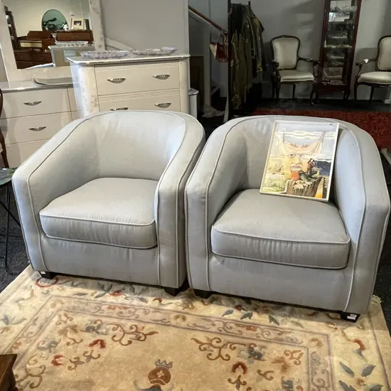 Pair of Modernist Tub Chairs. Pale blue fabric. Excellent condition