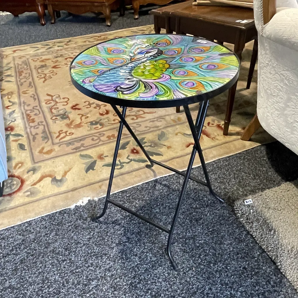 Stunning Black Metal framed folding table with decorative lustre peacock top. H50 Dia 36cm Image 1++