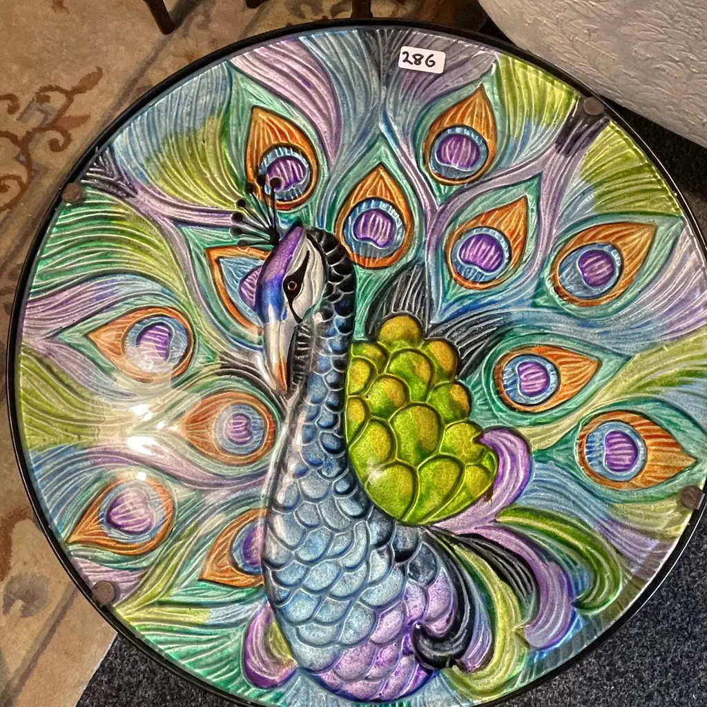 Stunning Black Metal framed folding table with decorative lustre peacock top. H50 Dia 36cm Image 1++