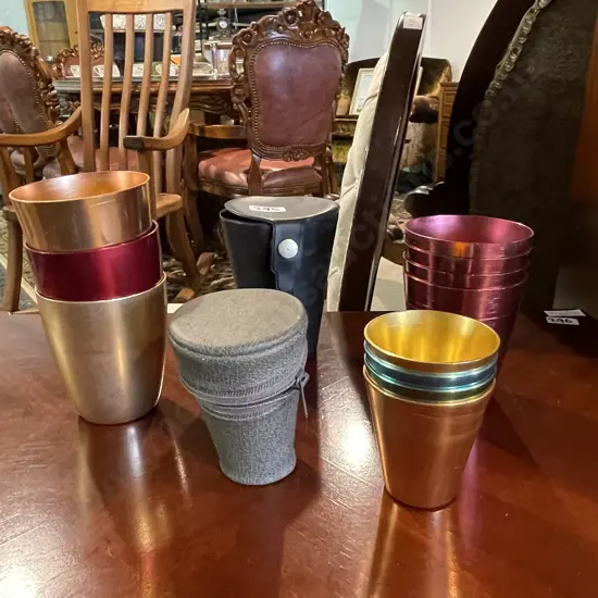 Vintage Collection of Andodised Coloured Beakers - with two cases