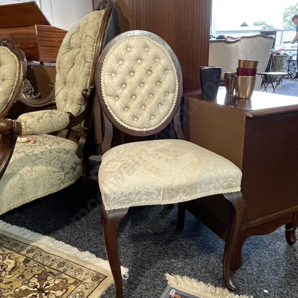 Vintage Button Backed Bedroom Chair. Cream patterned fabric with silk trim Image 1++
