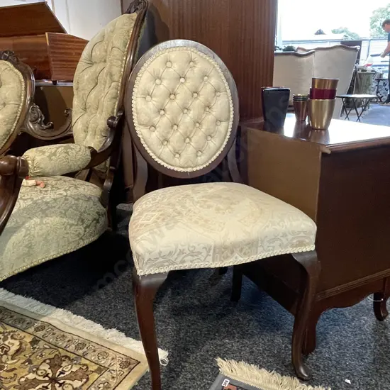 Vintage Button Backed Bedroom Chair. Cream patterned fabric with silk trim