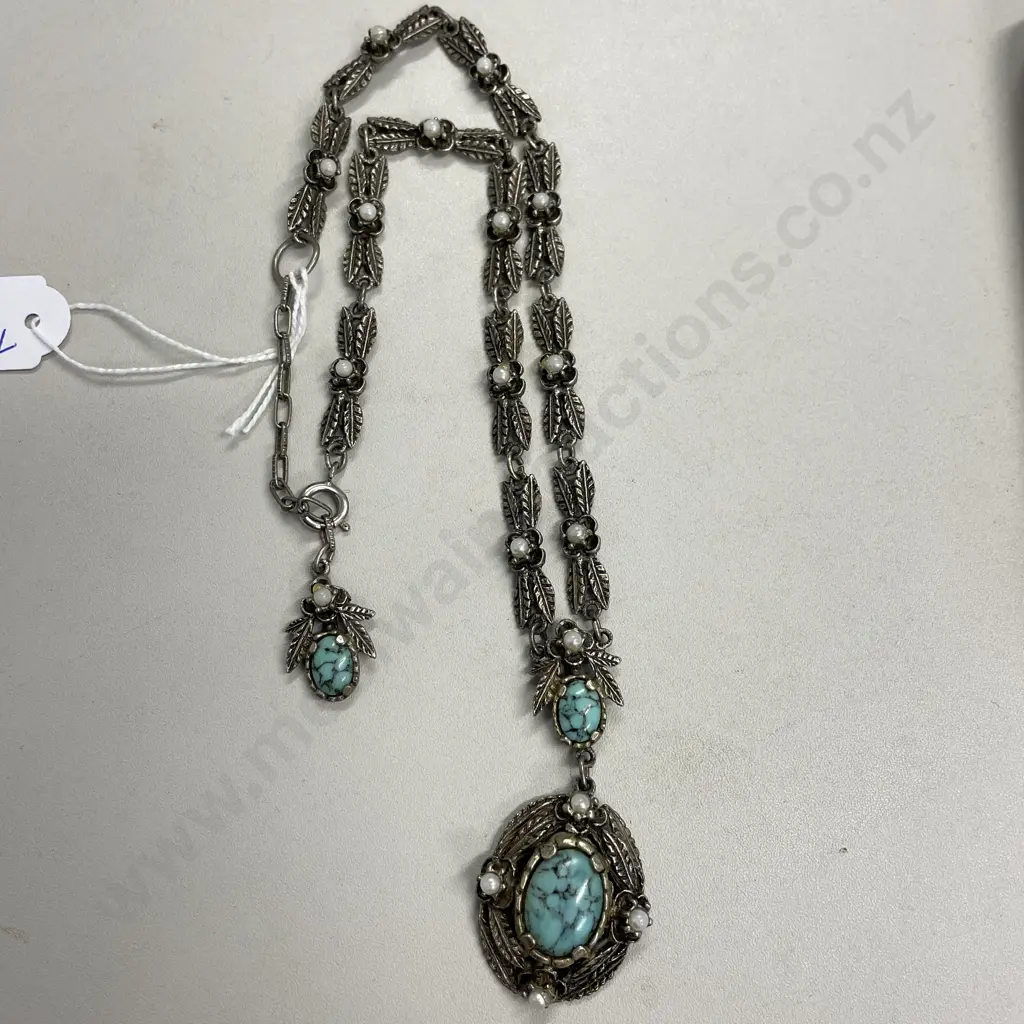 Marked Vintage Arts and Crafts "Miracle" Necklace with Turquoise and Pearl detail Image 1++