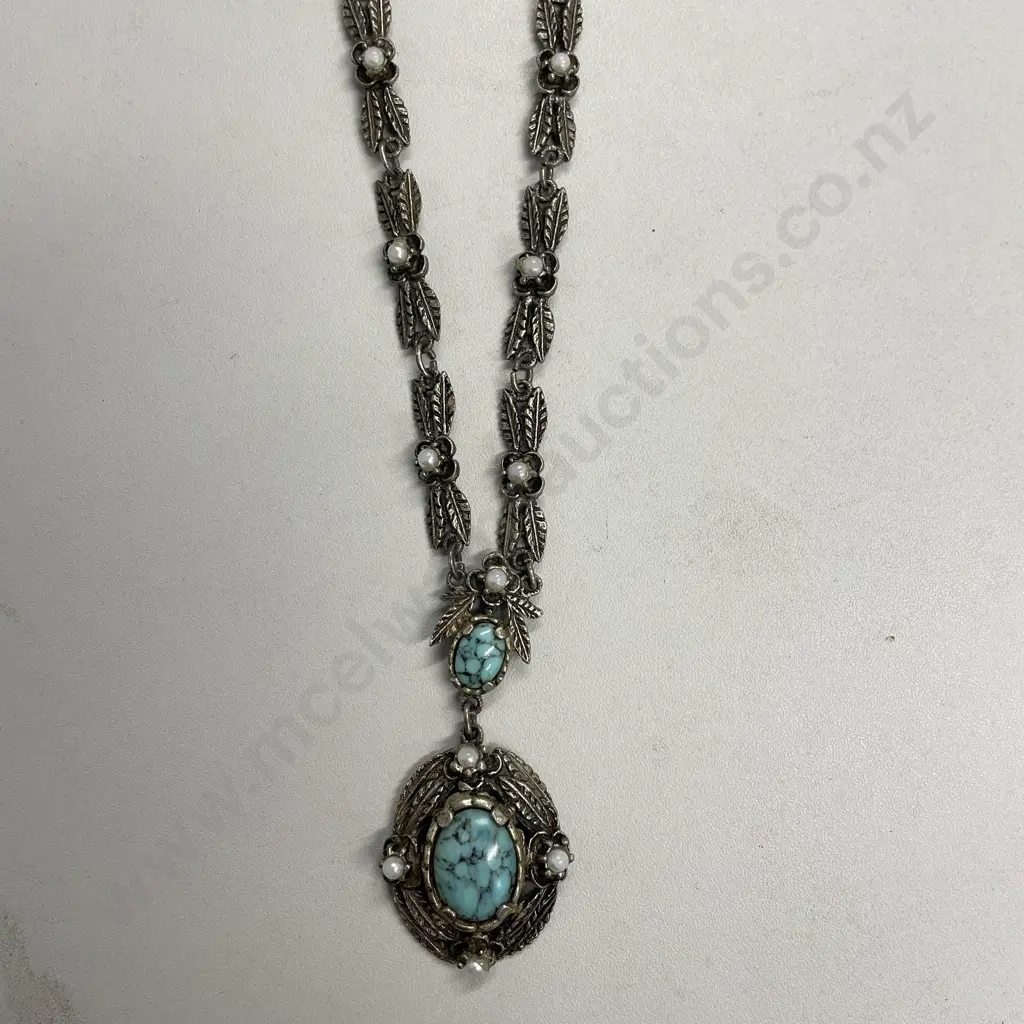 Marked Vintage Arts and Crafts "Miracle" Necklace with Turquoise and Pearl detail Image 1++