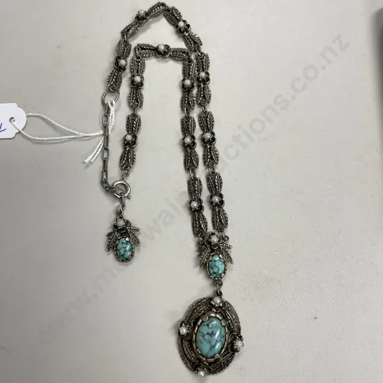 Marked Vintage Arts and Crafts "Miracle" Necklace with Turquoise and Pearl detail