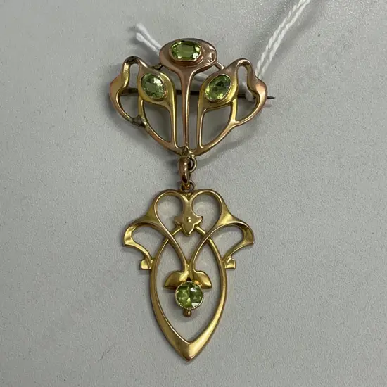 Antique 1890s Art Nouveau Barnet Henry Joseph Gold and Peridot Gemstones Brooch