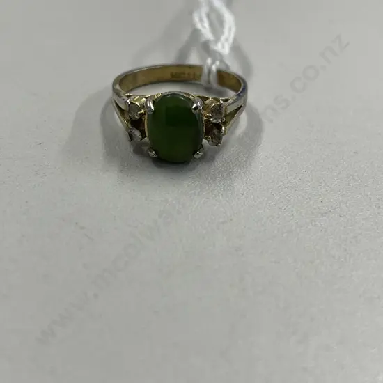 Hallmarked Dress Ring, with Diamonds/Jade setting. Repair evident