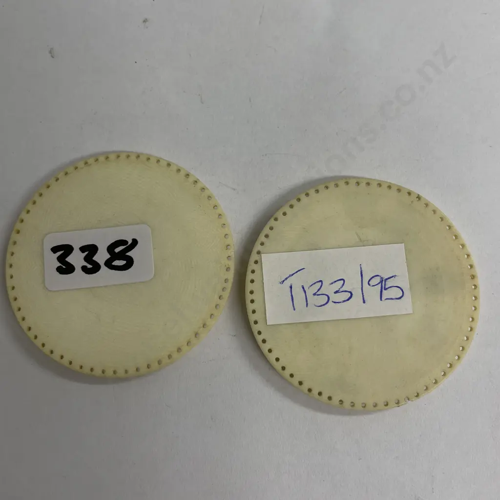 Pair of Vintage Carved Ivory Circular miniature plaques. Asian themed. Dia5.25cm Image 1++