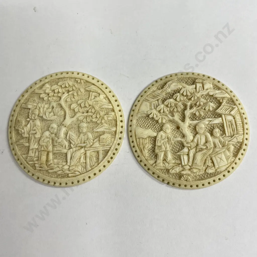 Pair of Vintage Carved Ivory Circular miniature plaques. Asian themed. Dia5.25cm Image 1++
