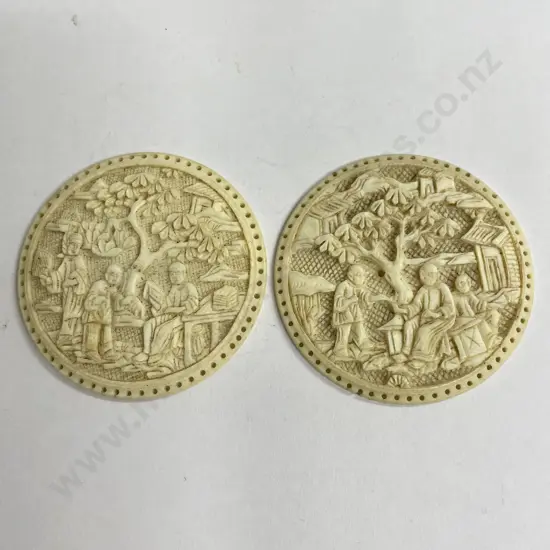 Pair of Vintage Carved Ivory Circular miniature plaques. Asian themed. Dia5.25cm