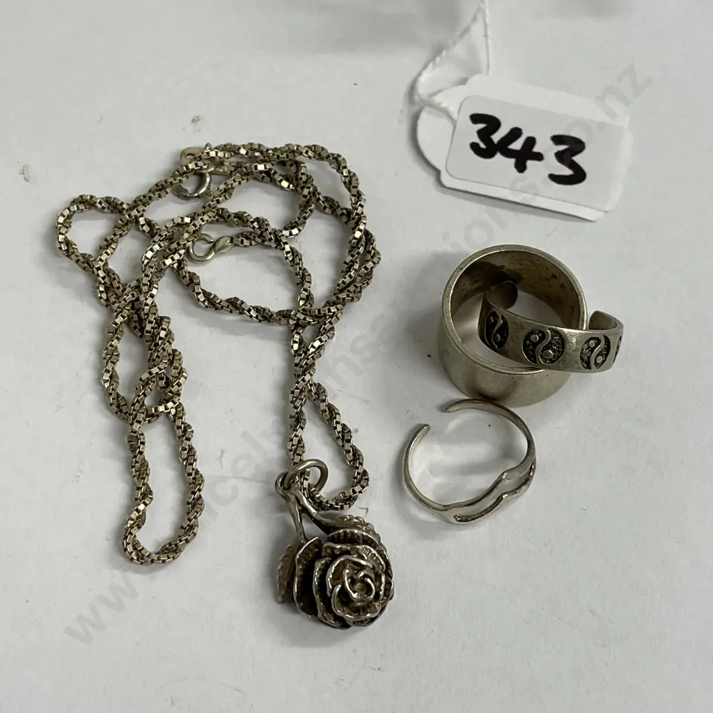 Sterling Silver Rose Pendant on Sterling Chain with 3 Sterling Silver Rings Image 1++