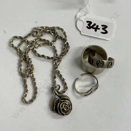 Sterling Silver Rose Pendant on Sterling Chain with 3 Sterling Silver Rings