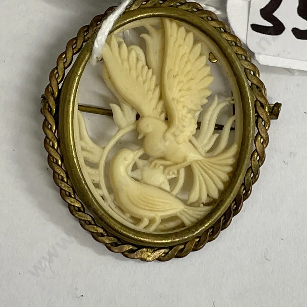 Antique Satsuma Brooch. Hallmarked with Ivory? carved bird brooch Image 1++