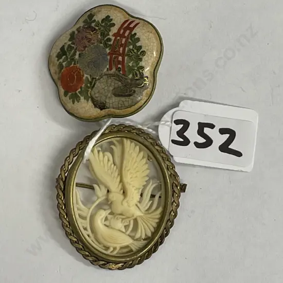Antique Satsuma Brooch. Hallmarked with Ivory? carved bird brooch