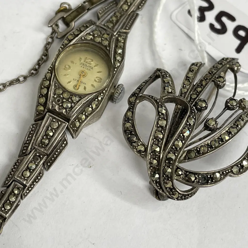 Vintage Marcasite Ladies Watch with Silver Marcasite Brooch Image 1++