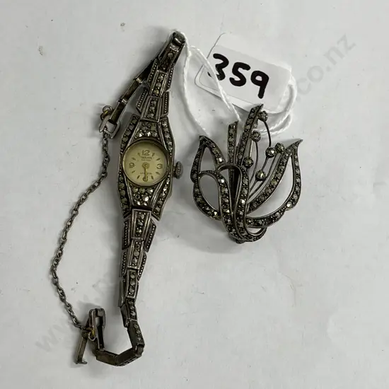 Vintage Marcasite Ladies Watch with Silver Marcasite Brooch