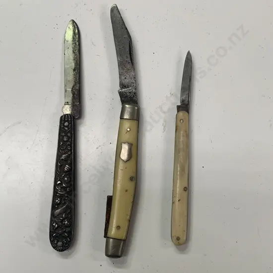 Trio of small Pocket Knives Including Sterling Silver? Handle and 2 Bone Handled