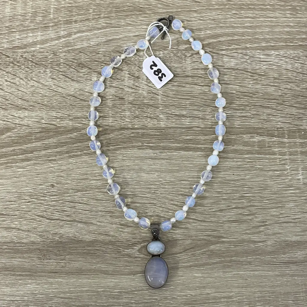 Stunning Vintage Opalescent Blue Glass bead necklace with intersecting pearls. Sterling silver mounted dual pendant.  Image 1++