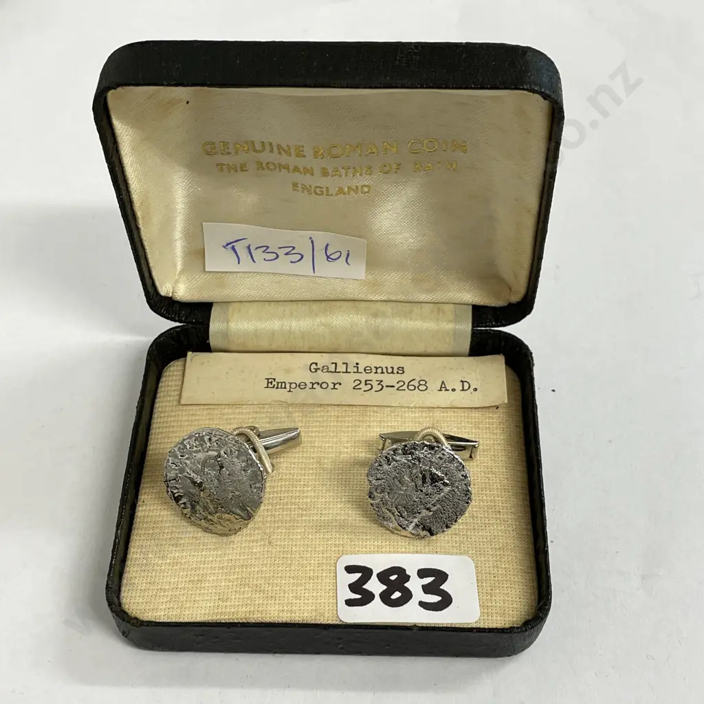 Vintage Boxed Cufflinks of Genuine Roman Coin. Gallienus Emperor 253-268 A.D. Image 1++