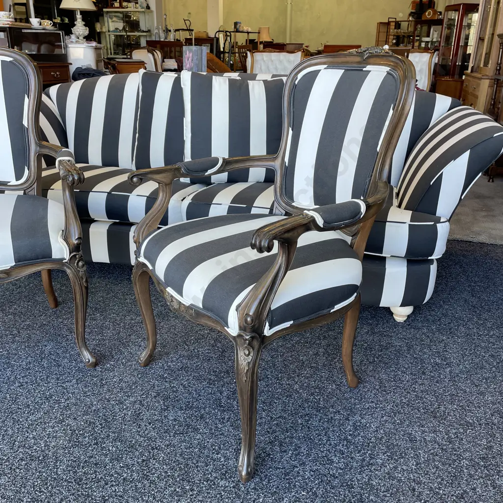Pair French Louis Style Arm Chairs. Black and white striped modernist fabric Image 1++