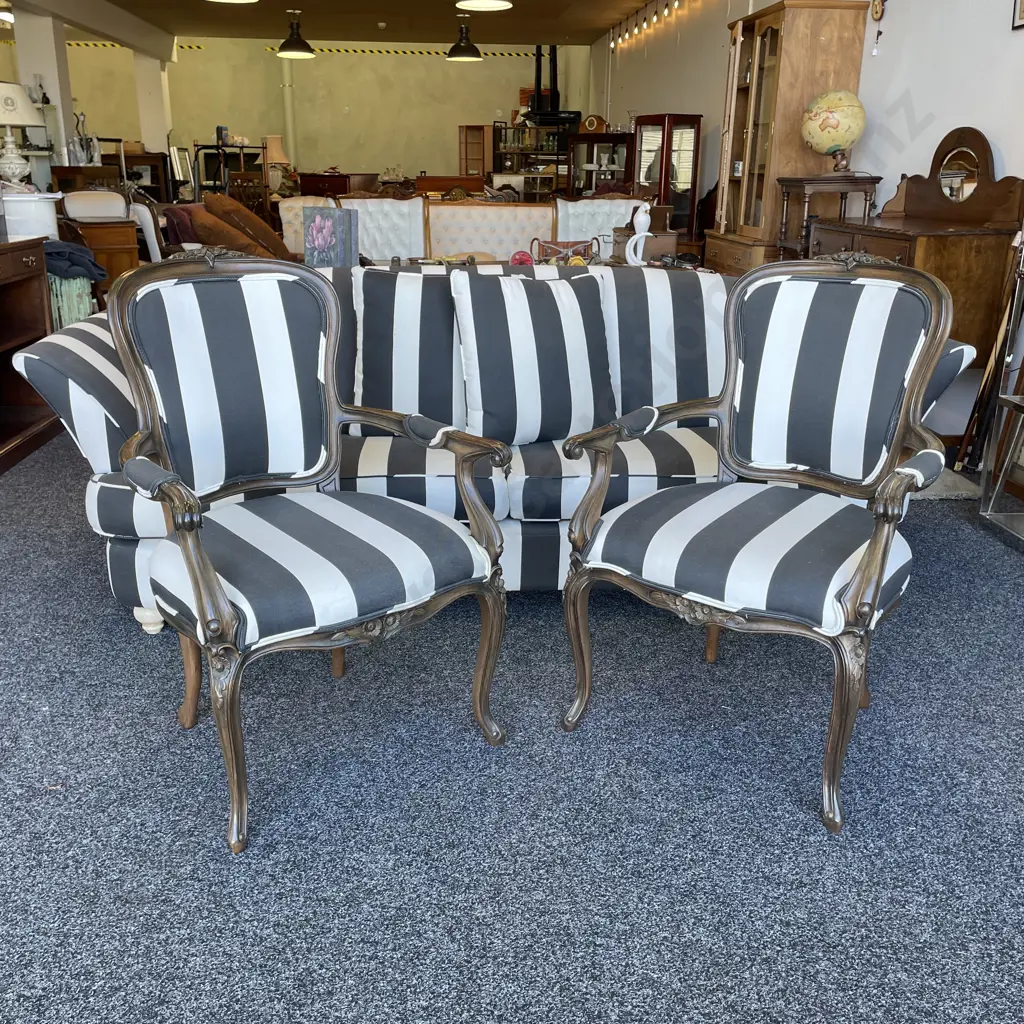 Pair French Louis Style Arm Chairs. Black and white striped modernist fabric Image 1++