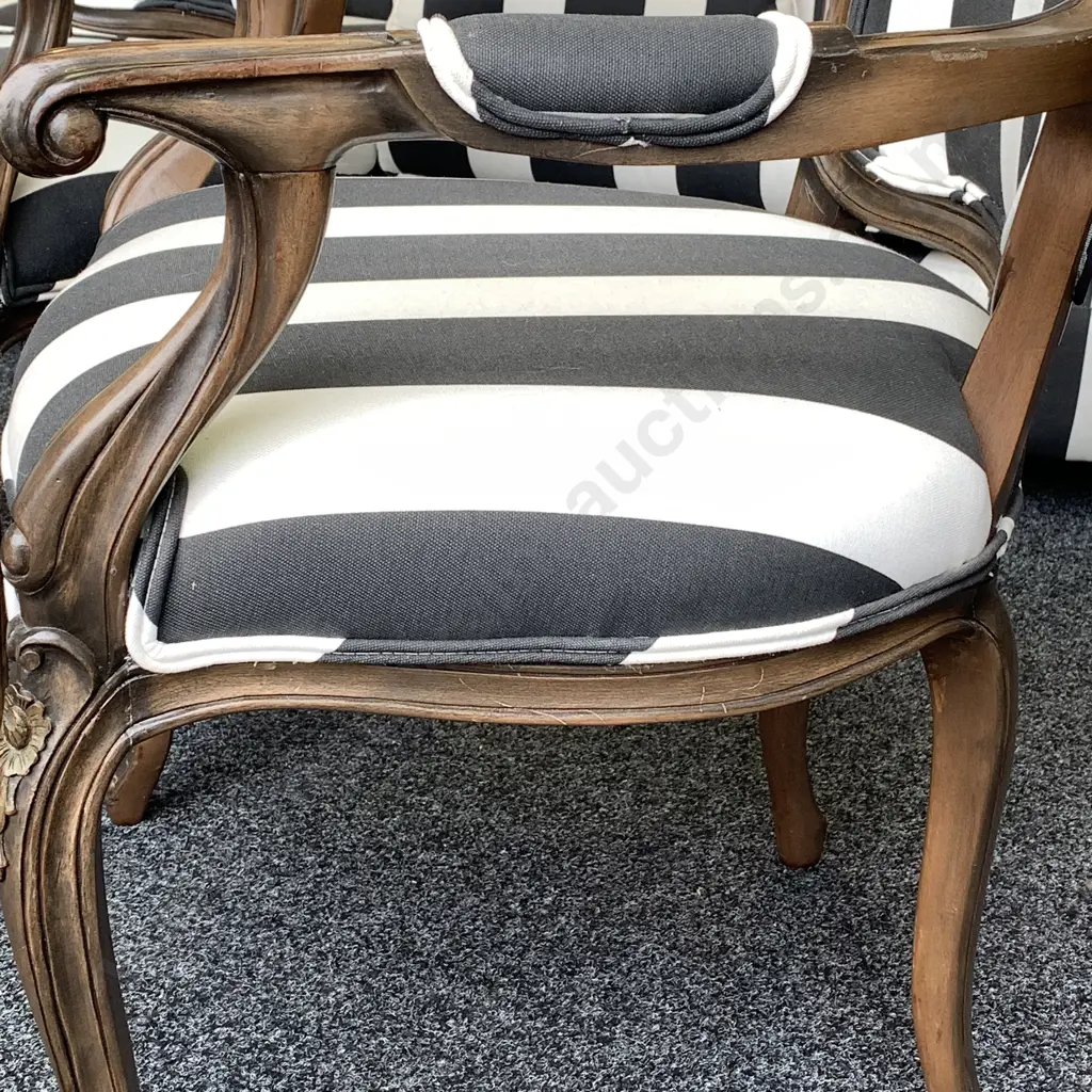 Pair French Louis Style Arm Chairs. Black and white striped modernist fabric Image 1++