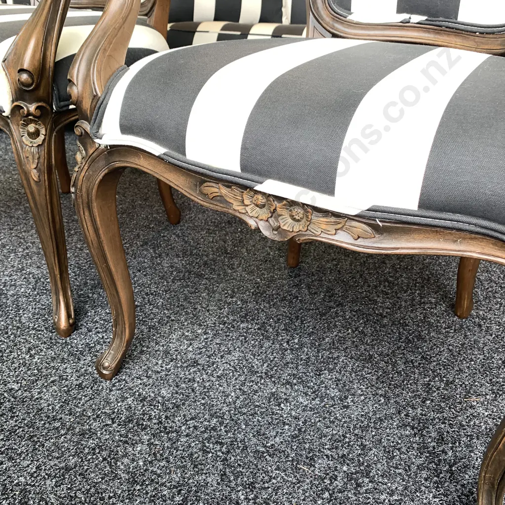 Pair French Louis Style Arm Chairs. Black and white striped modernist fabric Image 1++