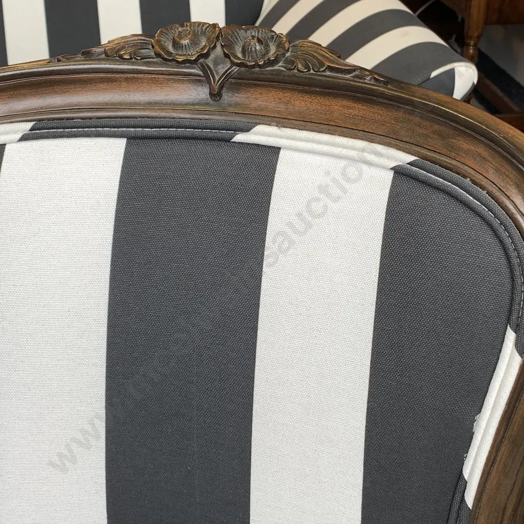 Pair French Louis Style Arm Chairs. Black and white striped modernist fabric Image 1++