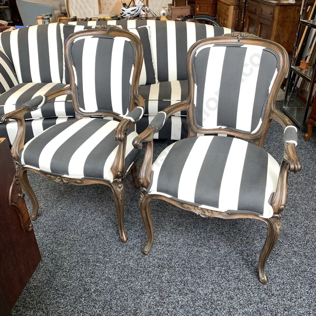 Pair French Louis Style Arm Chairs. Black and white striped modernist fabric Image 1++